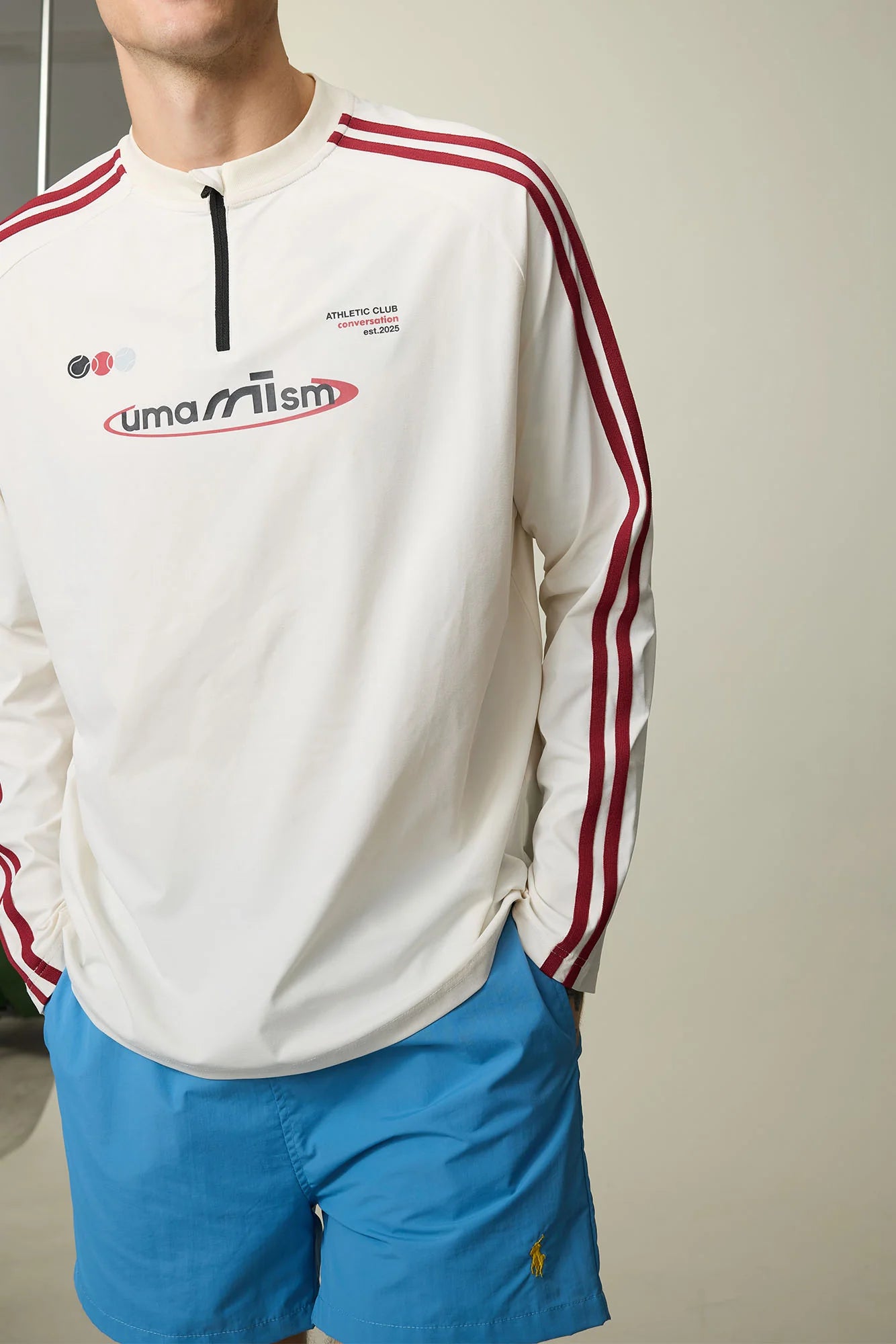UMAMIISM Side Stripe Mesh-Panel Quick-Dry Long-Sleeve Tee