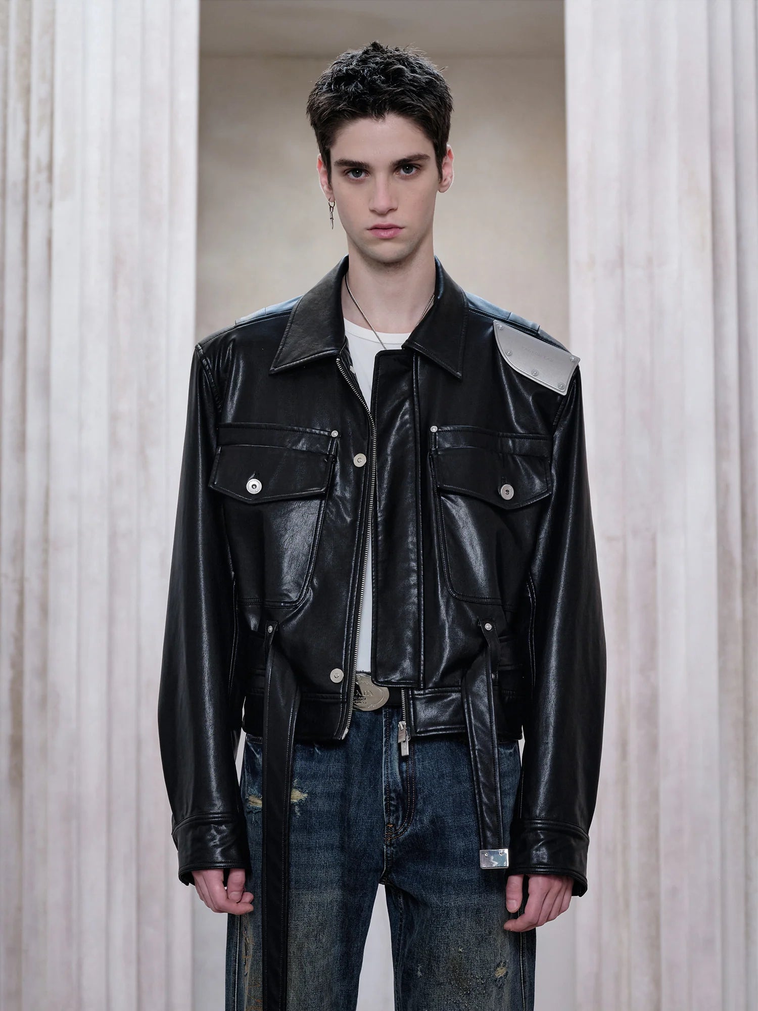 FACEONLAB Metal Epaulettes Belted Faux Leather Jacket Black