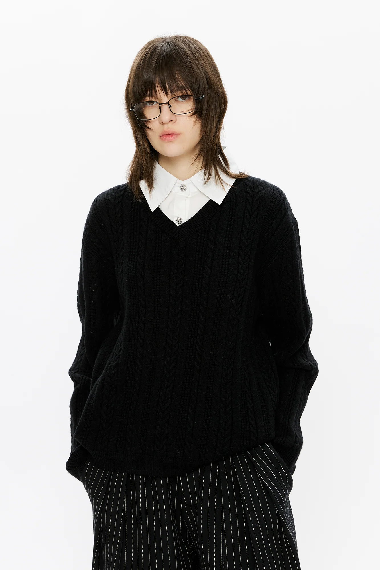 KREATE Cable-Knit Layered Shirt Sweater