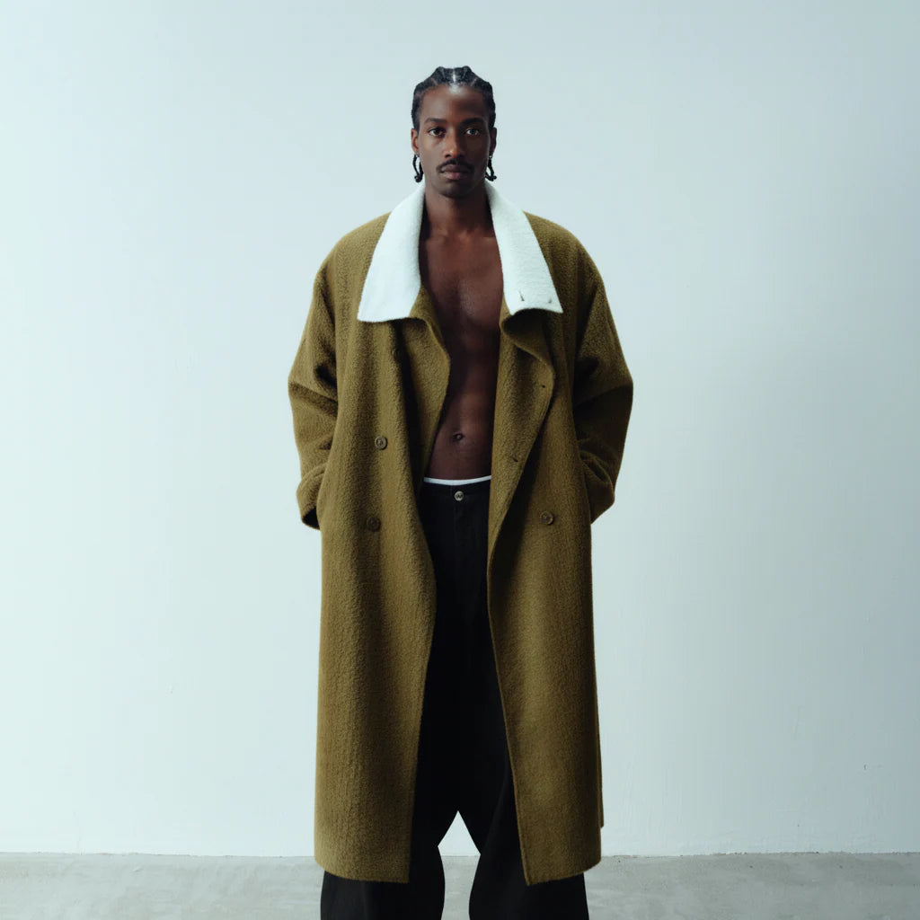 KADAKADA Double-Breasted Contrast Fuzzy Collar Overcoat