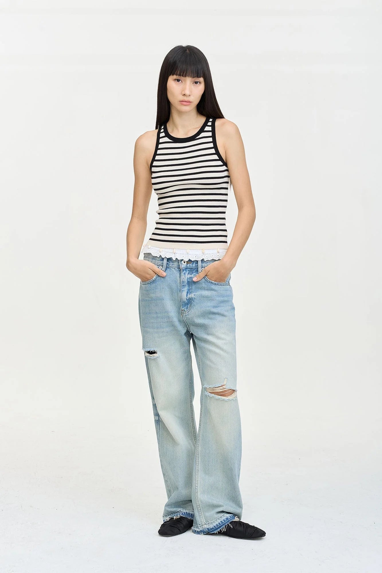 LEONSENSE Washed Ripped Frayed Straight-Leg Jeans
