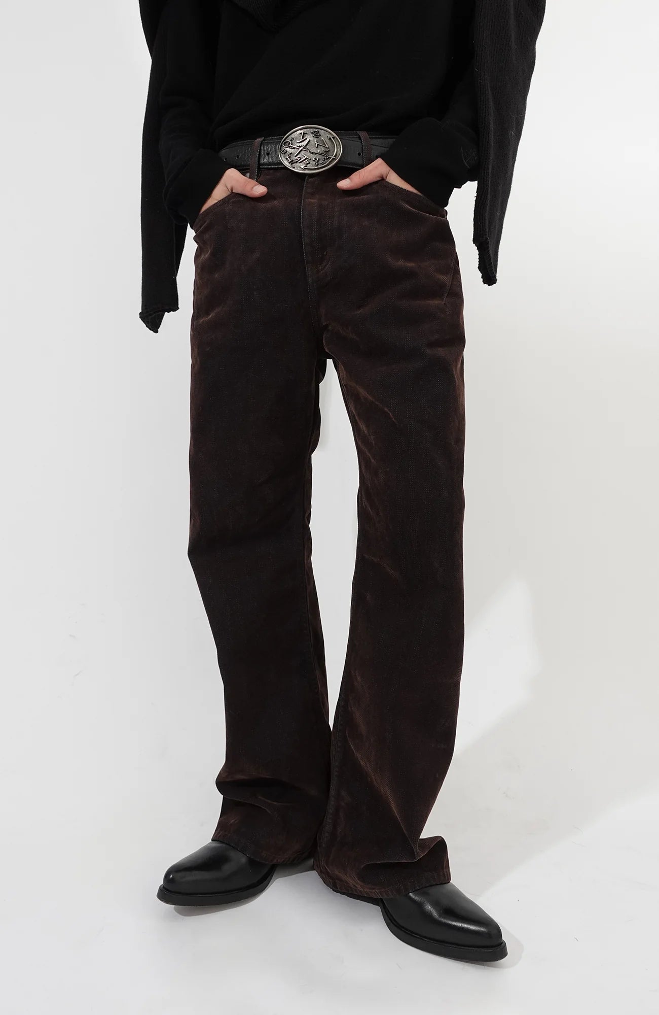 IN EXISTENCE Star Embroidered Herringbone Flocked Flare Jeans