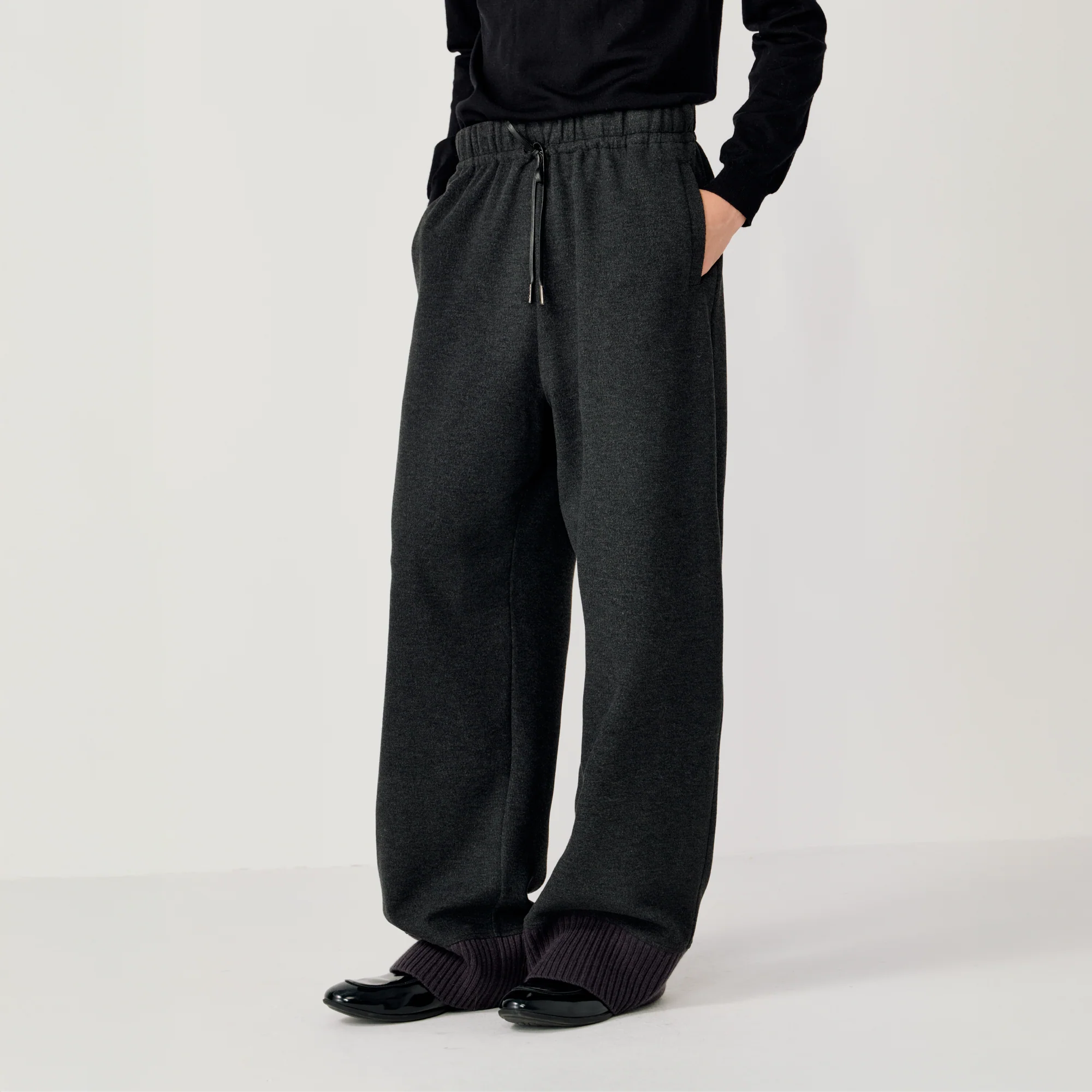 OPICLOTH Ribbed-Hem Drawstring Knit Trousers