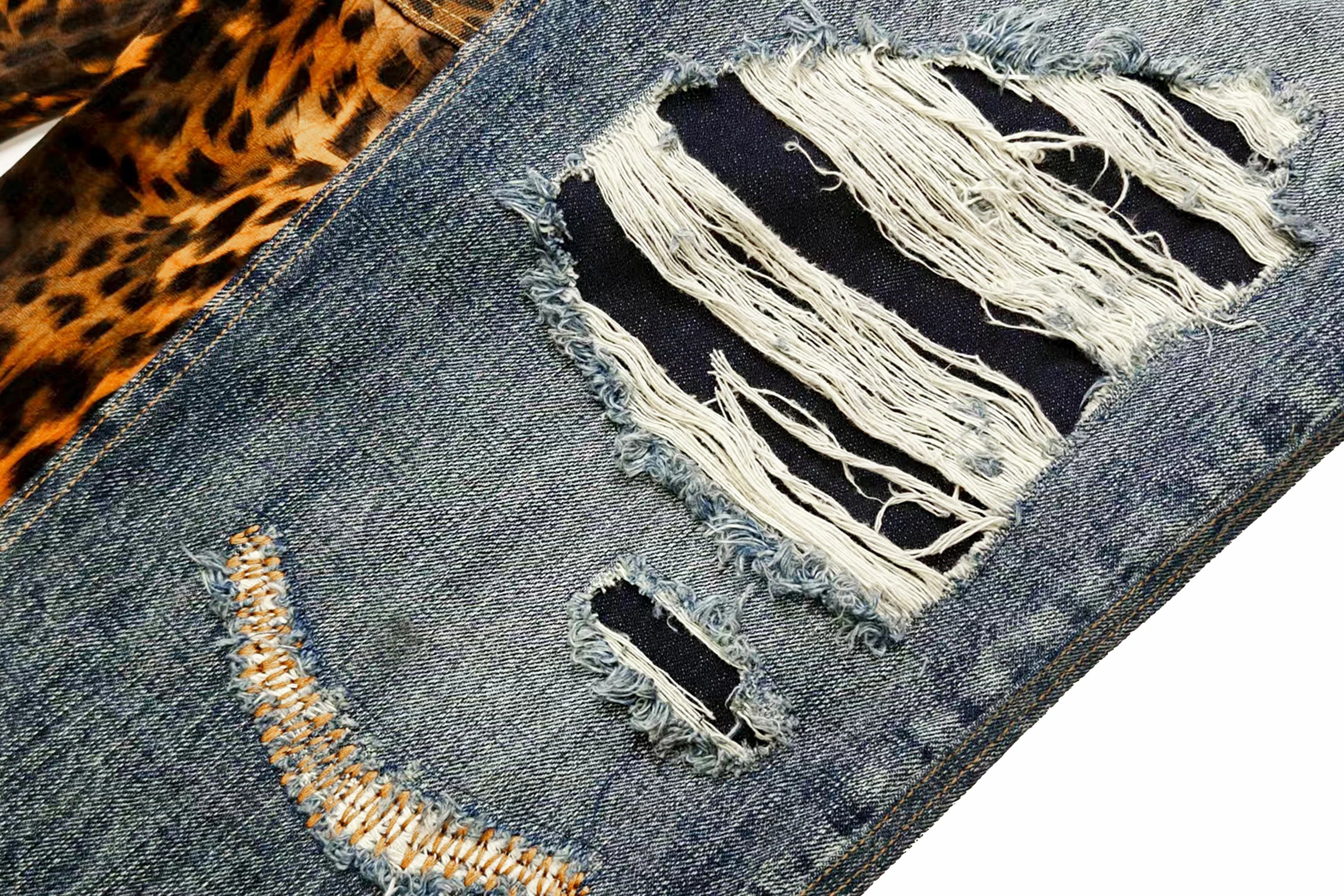 FACEONLAB Distressed Patch Leopard Paneled Jeans