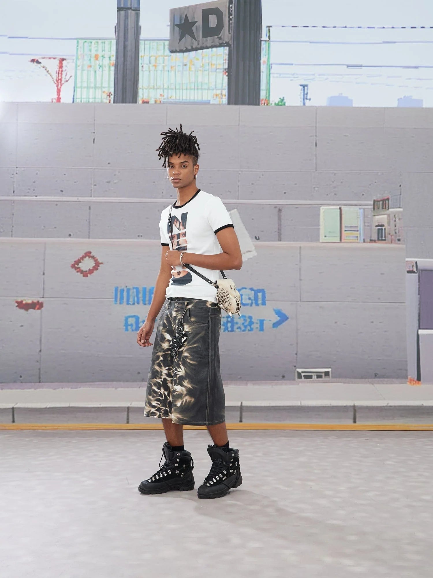 DND4DES Abstract Leopard Double-Waistband Denim Shorts