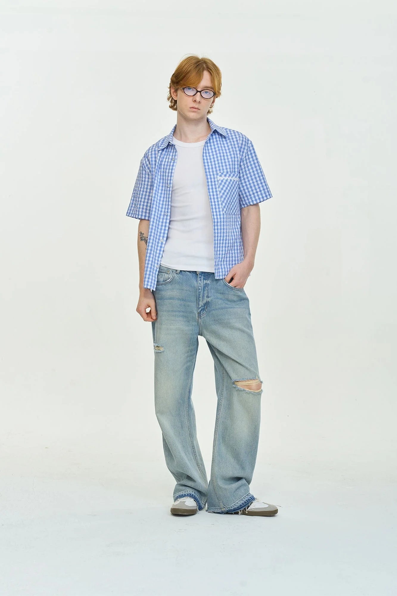 LEONSENSE Washed Ripped Frayed Straight-Leg Jeans