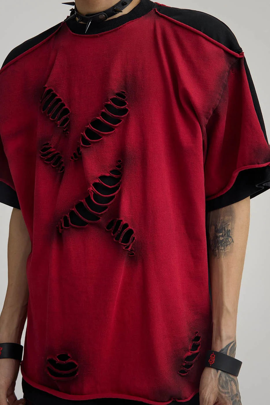 FLYERRER Double-Layered Ripped T-Shirt Red
