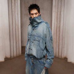 DND4DES Washed Double-Breasted Multi-Pocket Denim Bomber