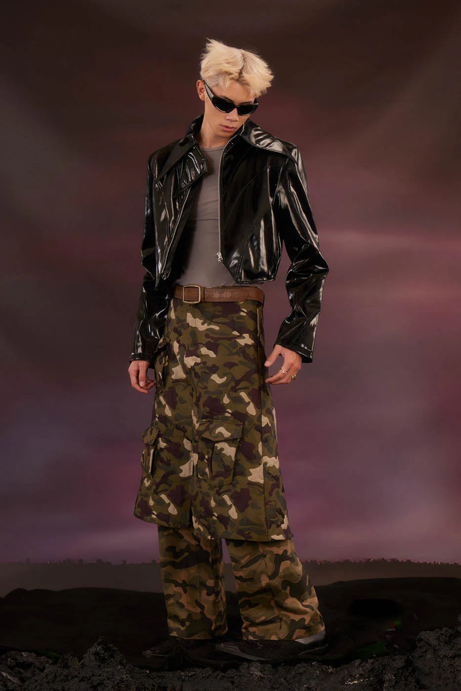 KADAKADA Dinosaur-Camo Embossed Multi-Pocket Skirt Pants