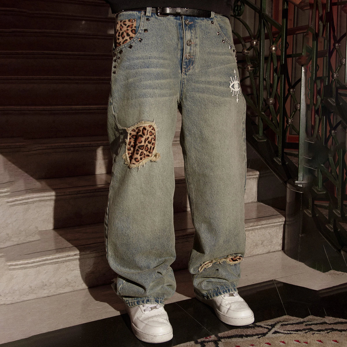 PHANTOMHUNTER Washed Leopard Patch Baggy Jeans