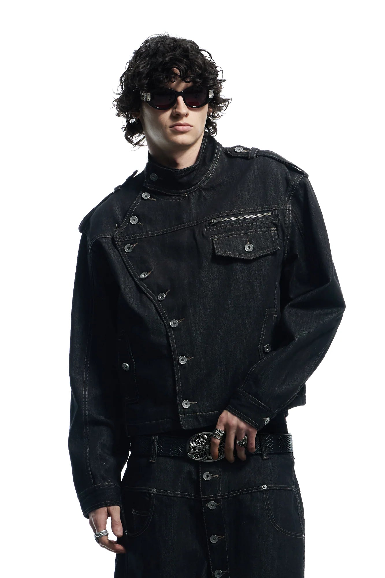 DND4DES Asymmetric Button Stand Collar Raw Denim Jacket