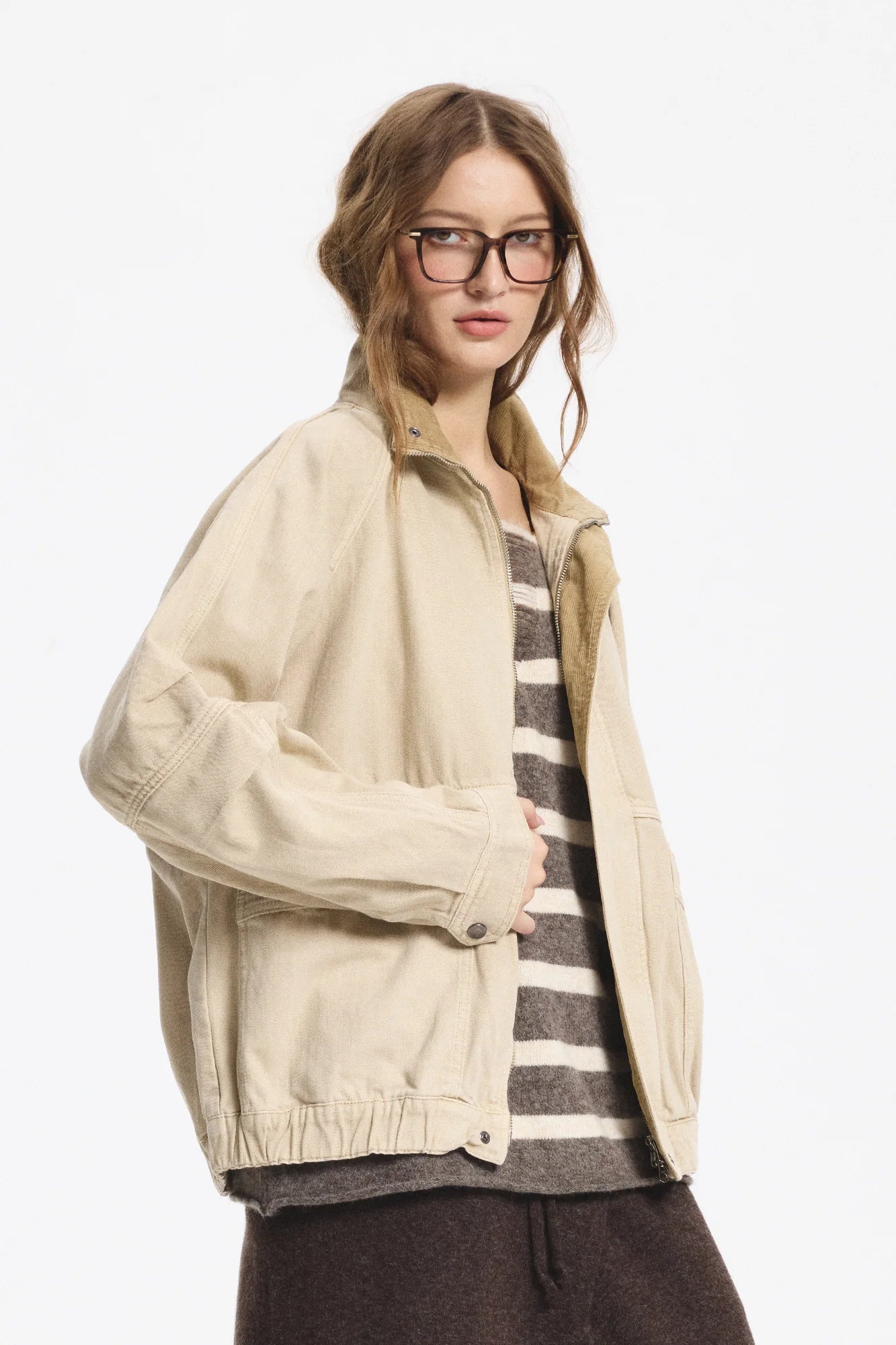 LEONSENSE Utility Raglan Stand-Collar Denim Jacket