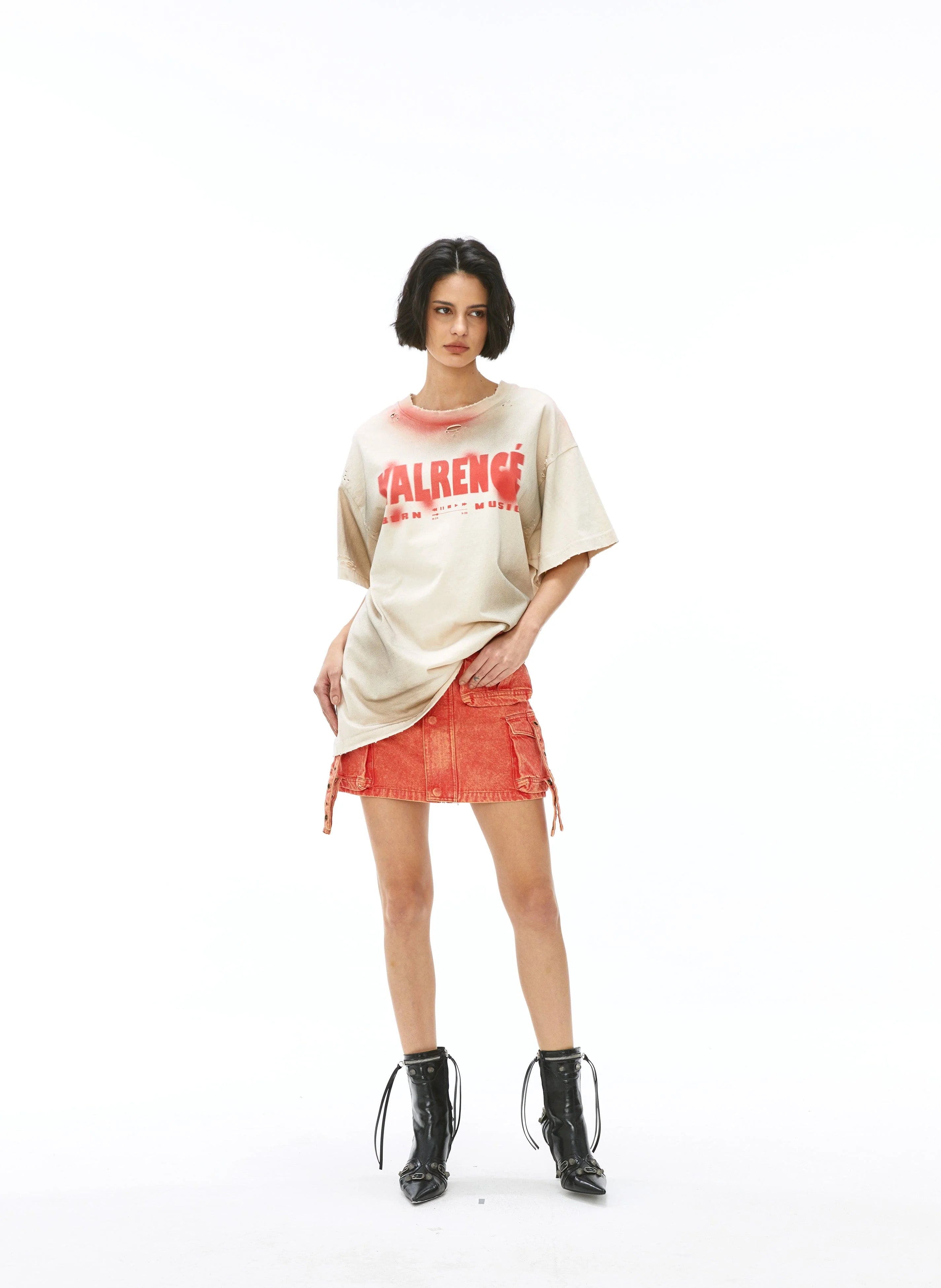 VANN VALRENCE Distressed Washed Spray Faded LOGO T-Shirt