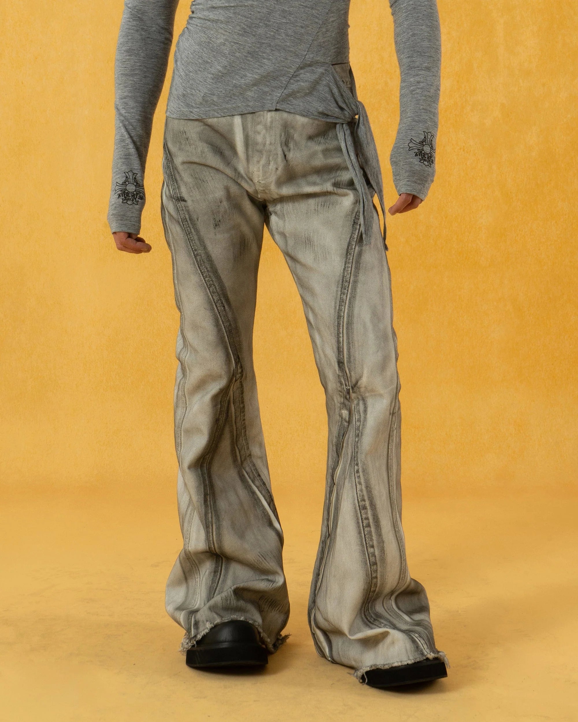 CLP Spliced Distressed Raw Edge Flared Jeans