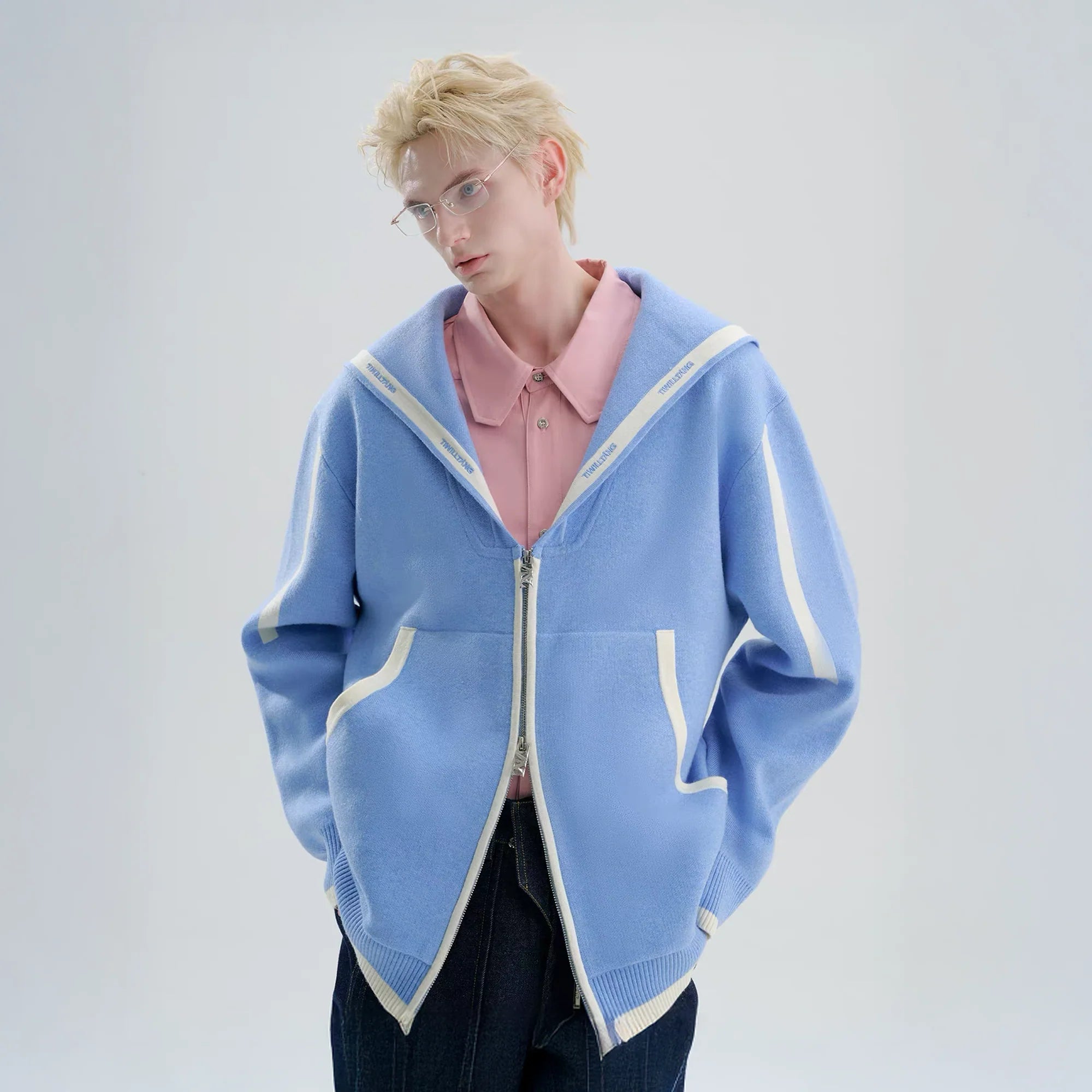 TIWILLTANG Contrast-Trim Sailor-Collar Jacket