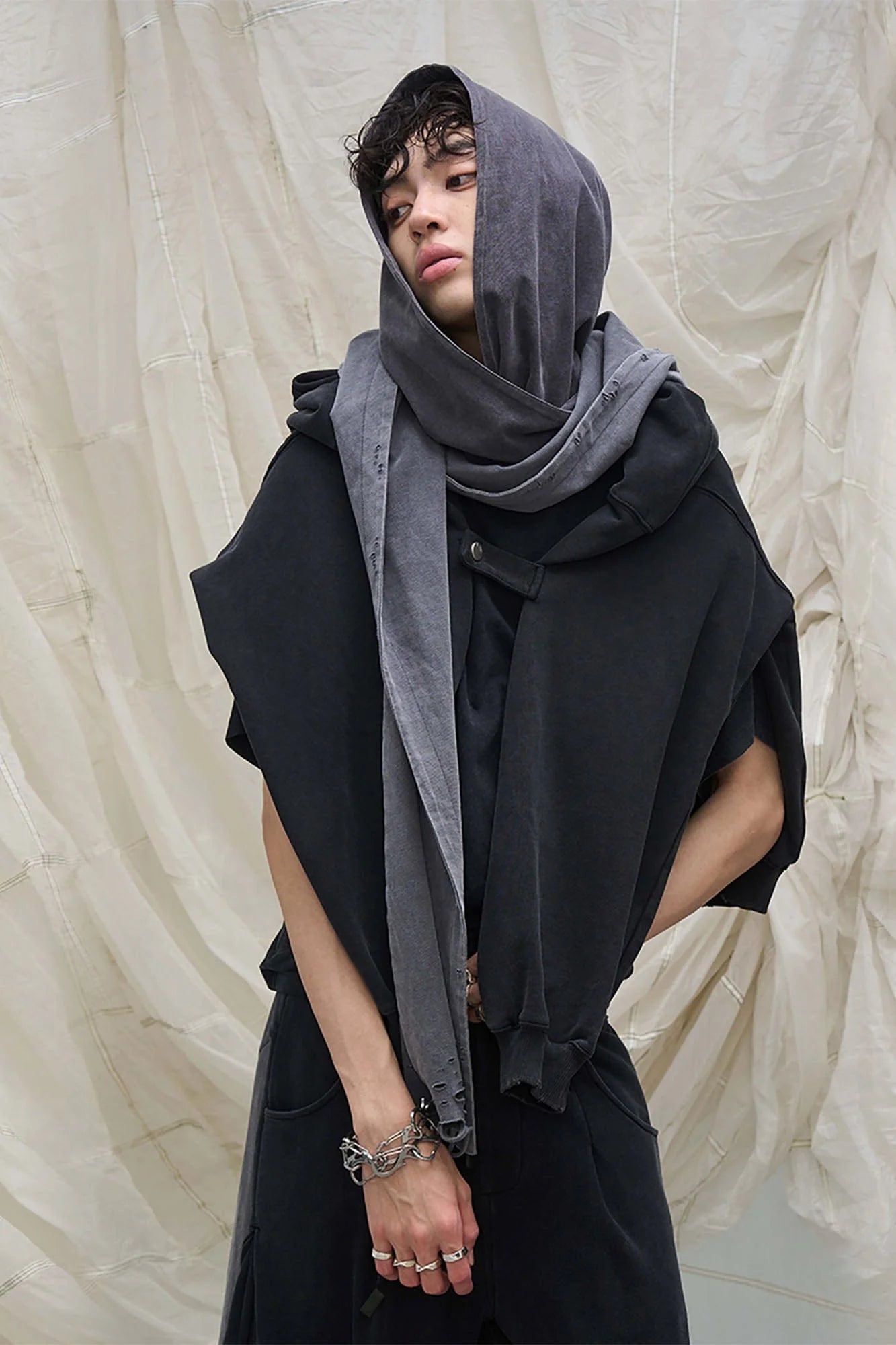 RELABEL Detachable-Hood Distressed Ripped Sweatshirt