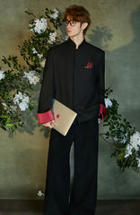 JIECHI Diamond Embellished Contrast Cuffs Mandarin Blazer