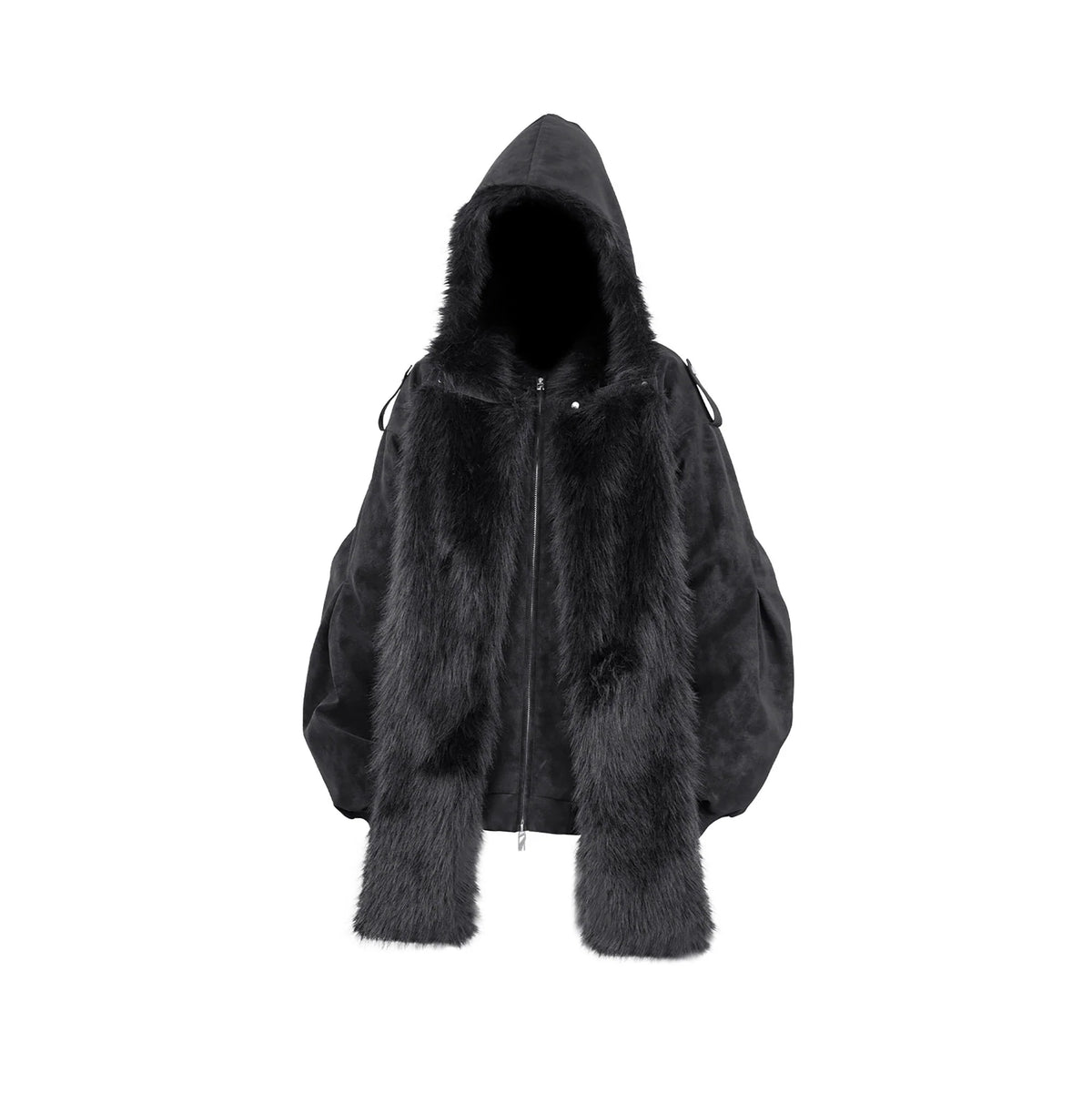 RELABEL Detachable Plush Scarf Hooded Suede Jacket Black