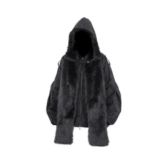RELABEL Detachable Plush Scarf Hooded Suede Jacket Black