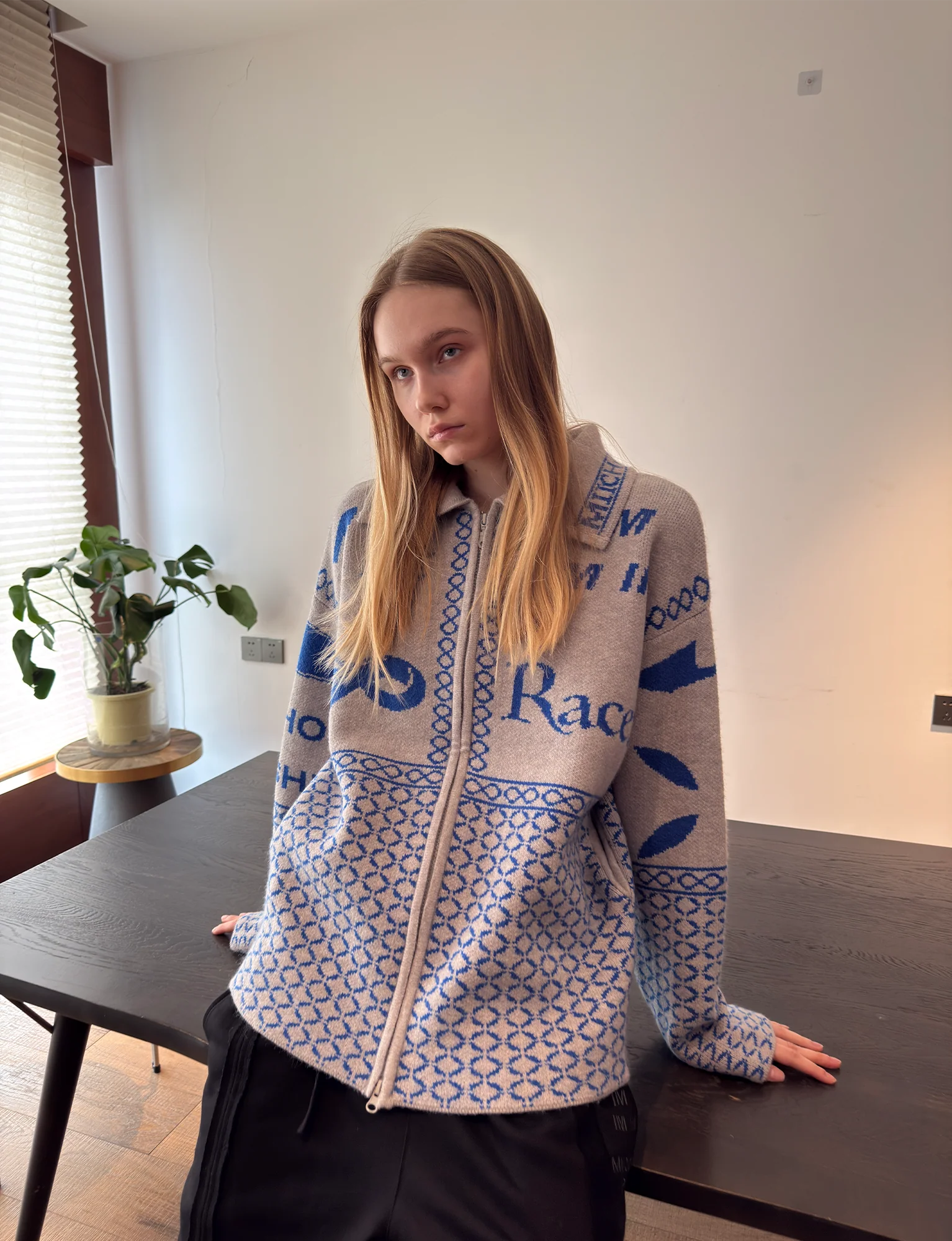 MIICHOUS Racer Geometric Jacquard Zip-Up Cardigan