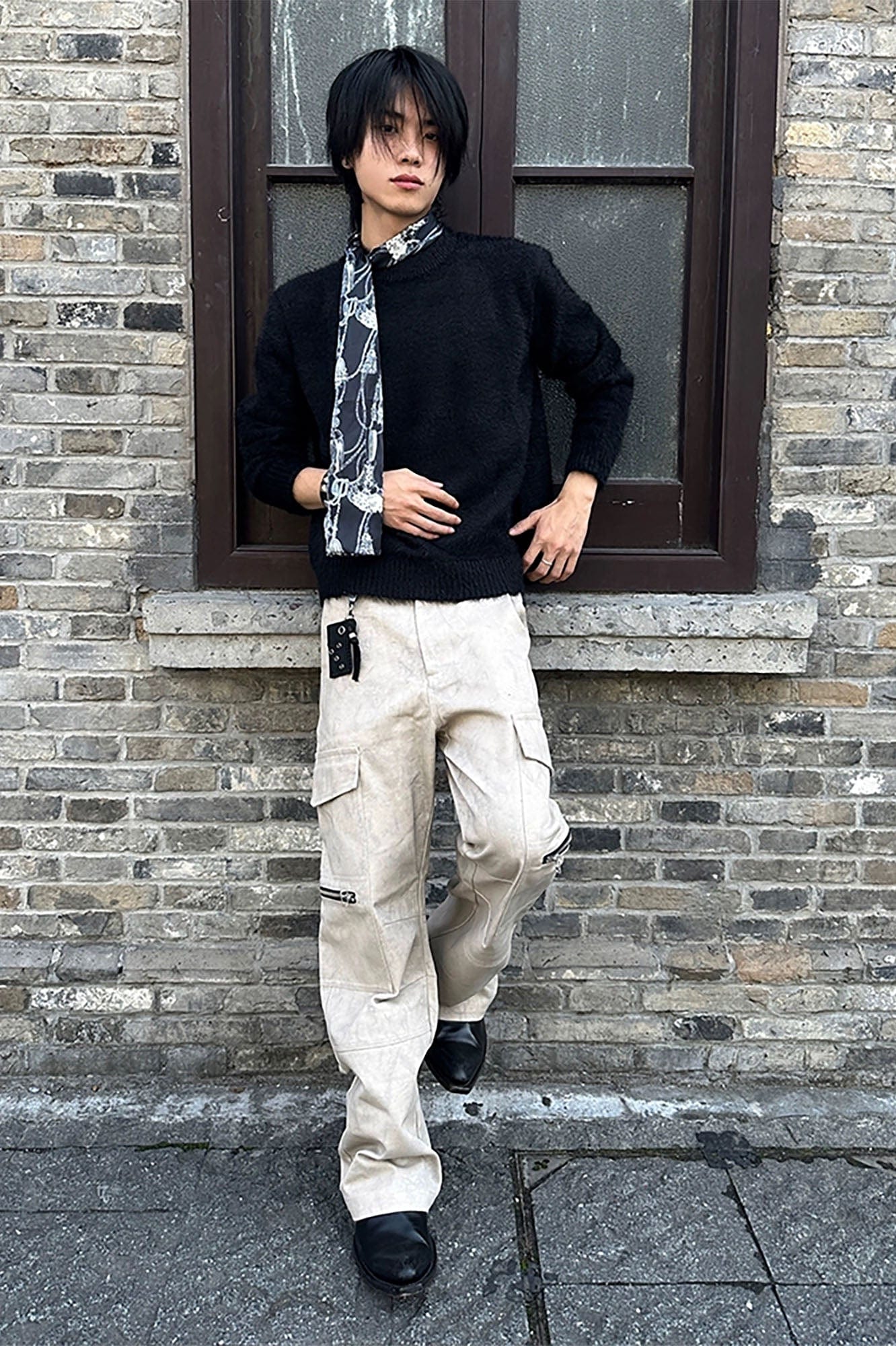 OKAYTHXBYE Muted Marble Multi-Pocket Panel Flared Cargo Pants