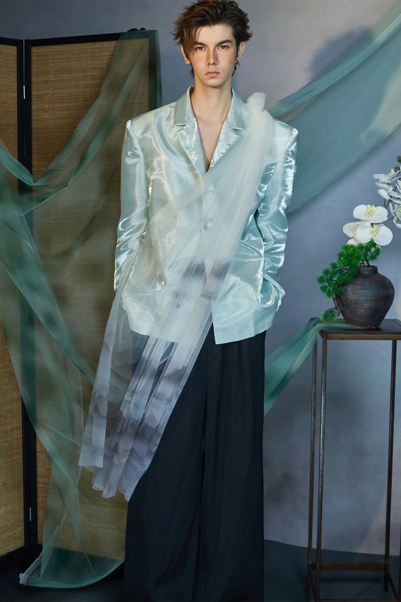 JIECHI Gradient Tulle Drape Satin Blazer