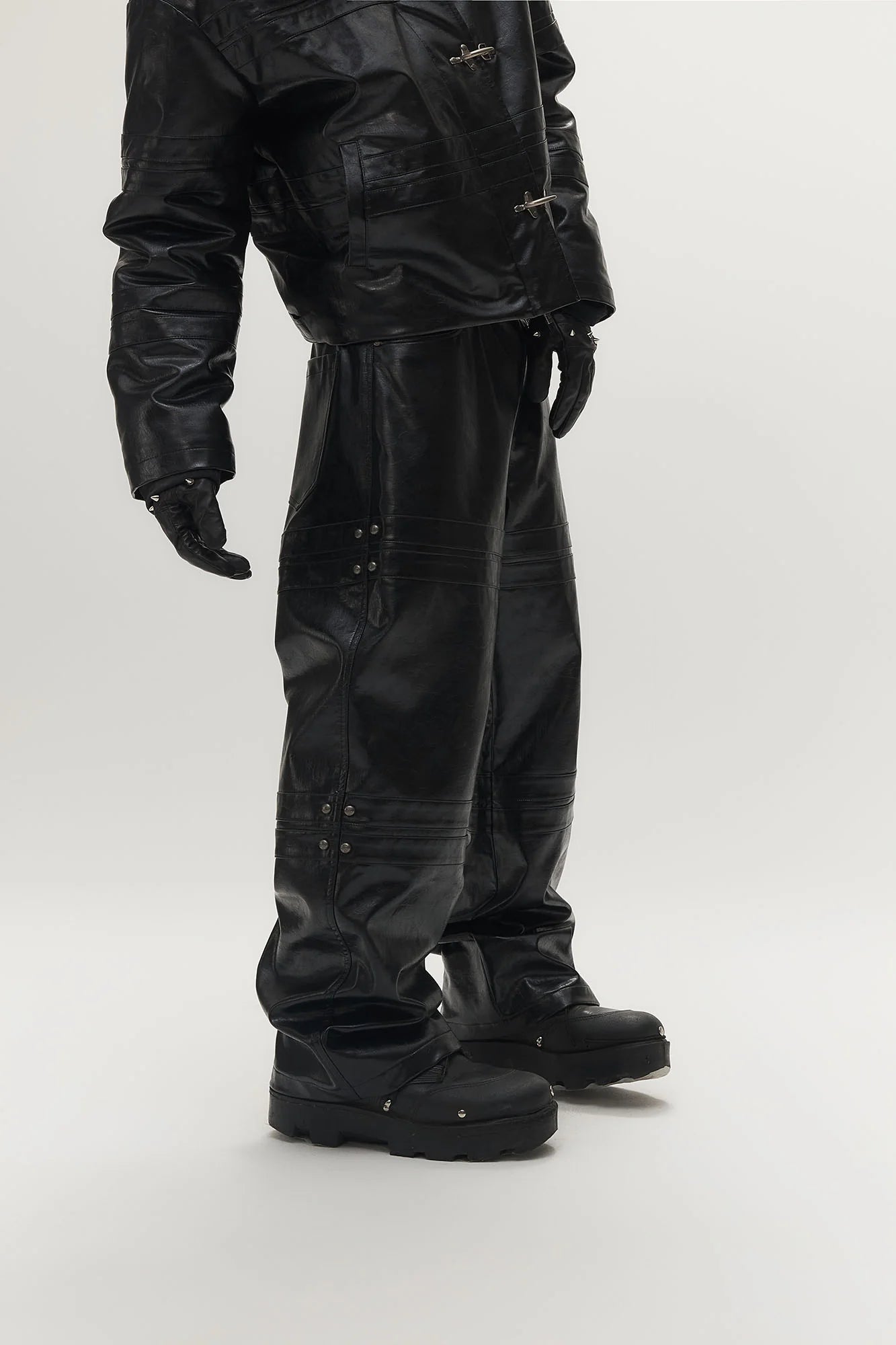 SAVAGEGROWTHWORLD Faux Leather Panel Rivet Pants