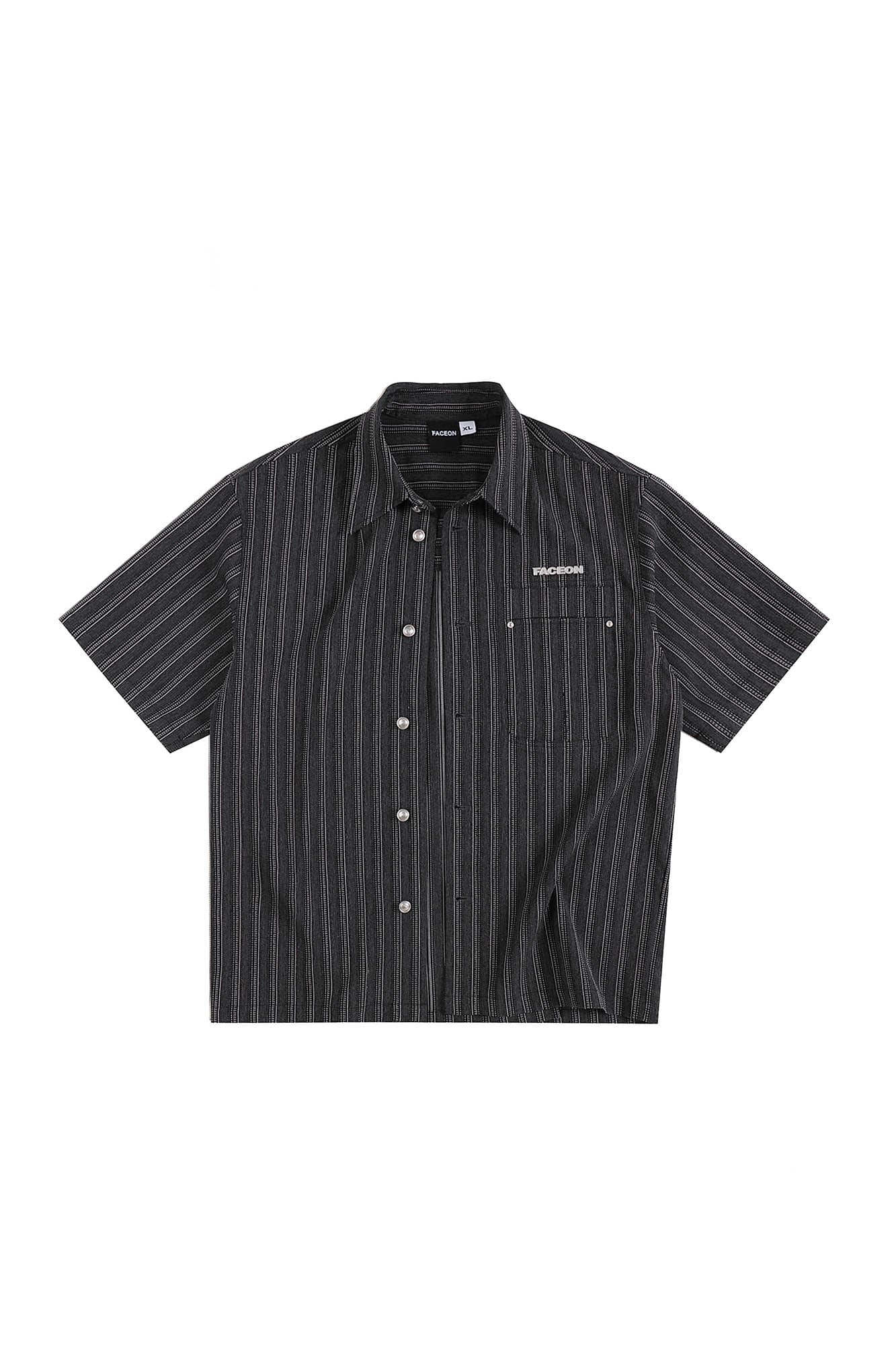 FACEONLAB Retro Textured Contrast Stripe Half Shirt