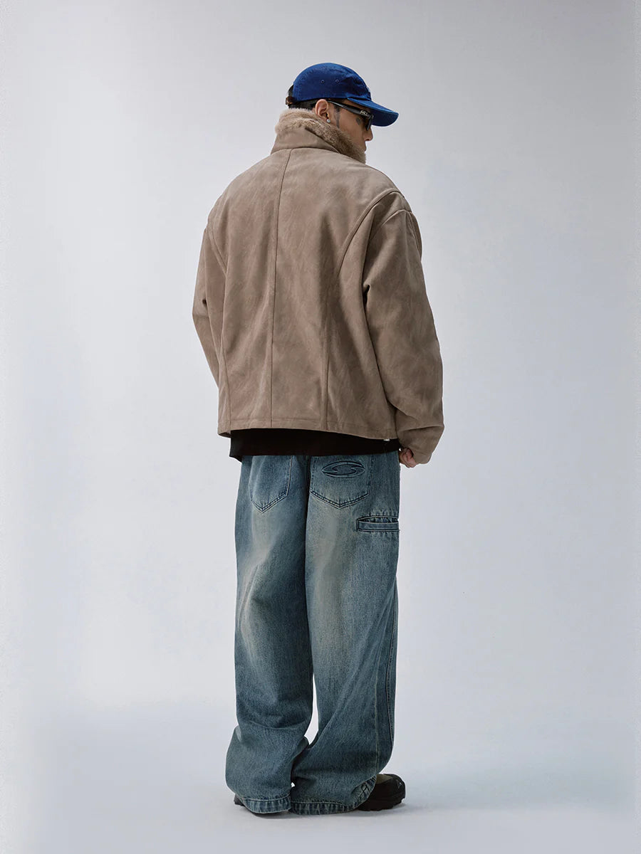 F2CE Aged Suede Faux Fur High-Collar Jacket