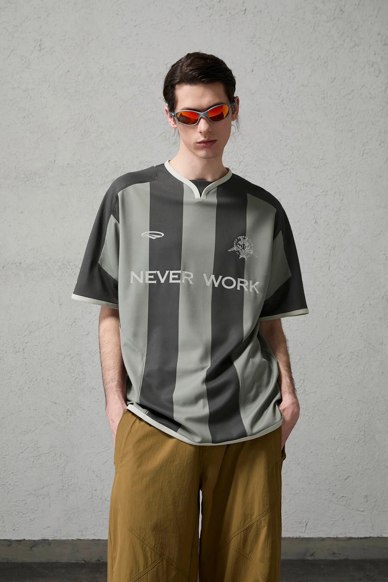 ORGANIC EMOTION Never Work Slogan Stripes Spliced Jersey