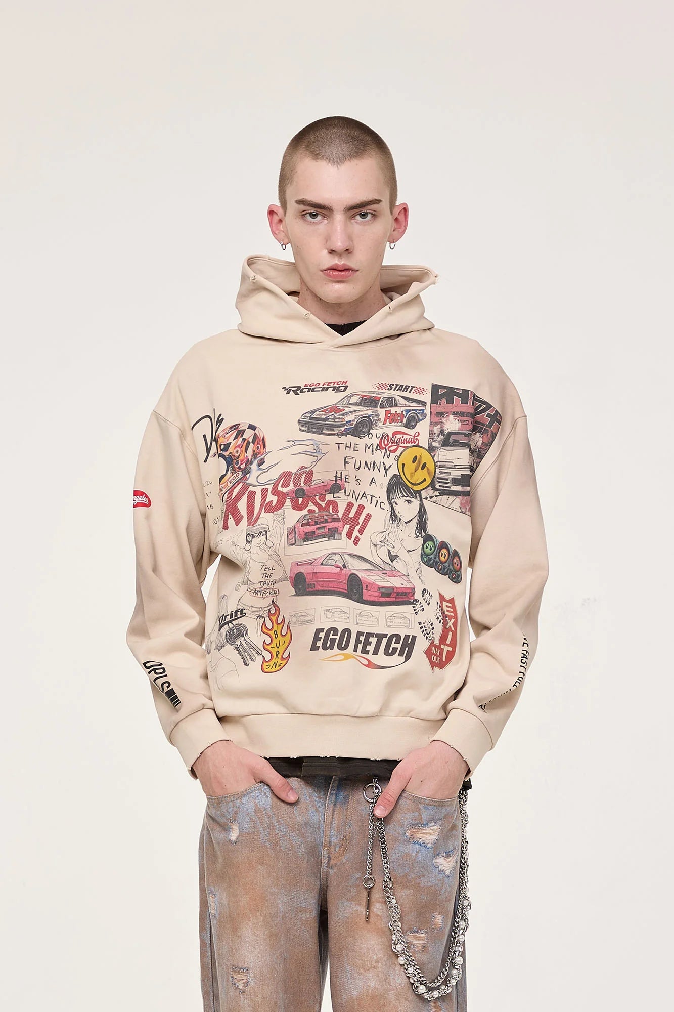 EGOFETCH Distressed Racing Anime Graphic Hoodie