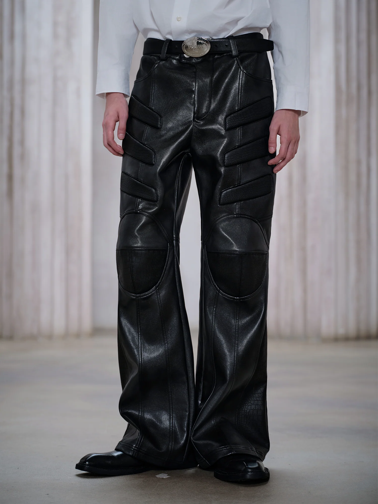 FACEONLAB Panel Armored Faux Leather Biker Pants Black