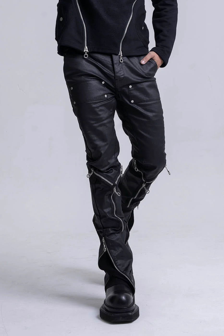 INSIDE OUT Multi-Zipper Rivet Pants