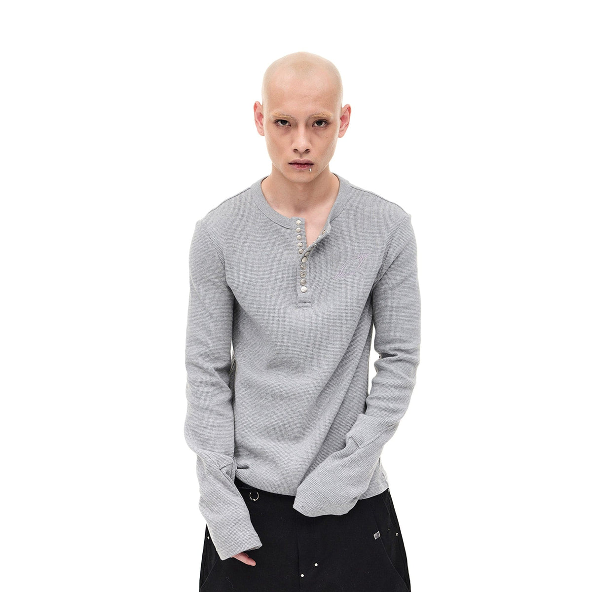 WHISTLEHUNTER Waffle-Knit Snap Henley Long-Sleeve Tee