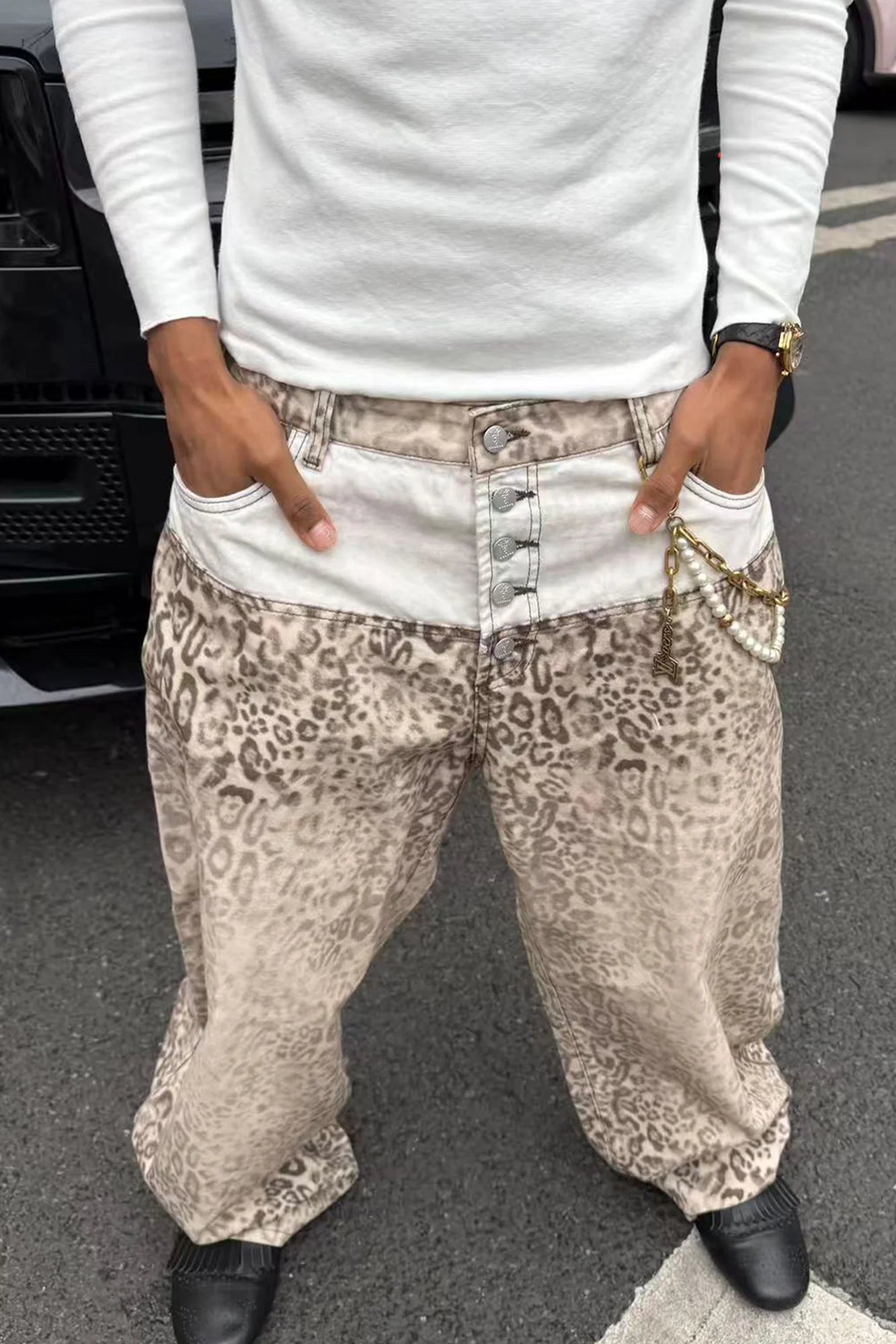STEEPC Leopard Washed Paneled Wide-Leg Pants