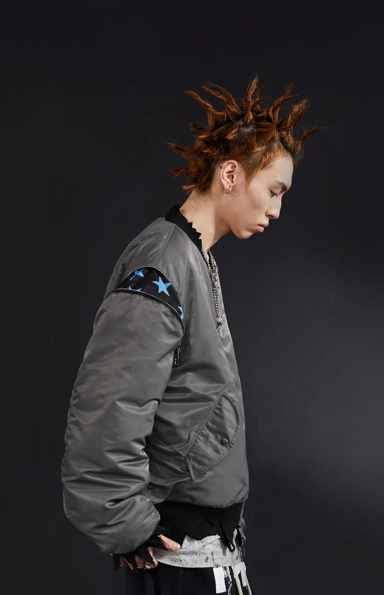 VENTUREK Retro Zipper-Spliced Raw Edge Bomber Jacket