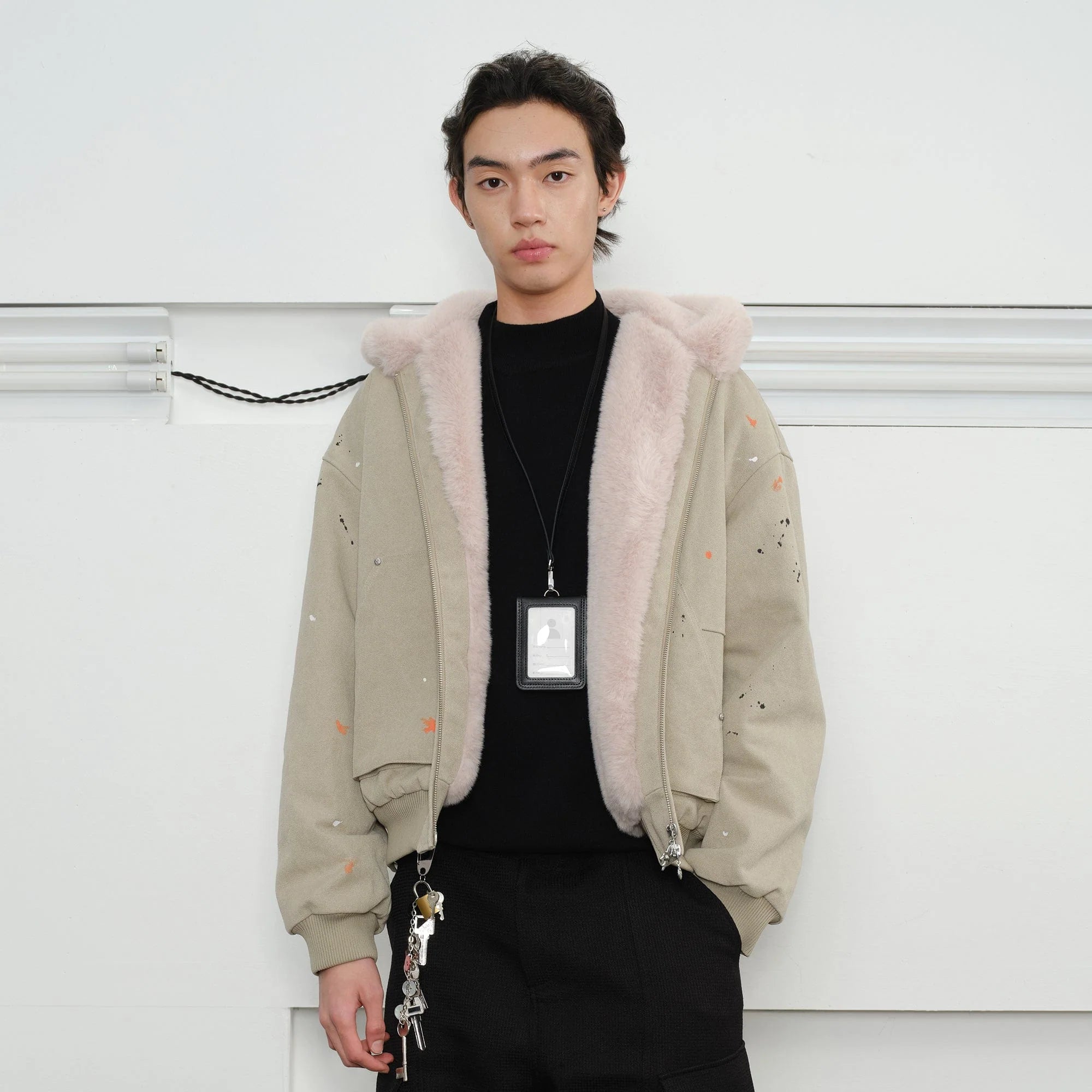 KREATE Rivet Zipper Paint-splattered Fleece-Lined Hooded Jacket