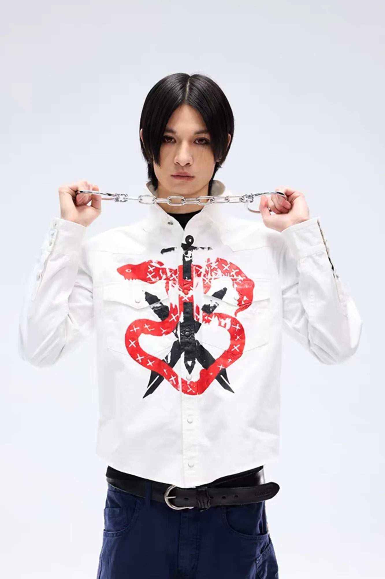 NOTHINGNESS WORLD Snake Graphic Layered-Collar Denim Shirt
