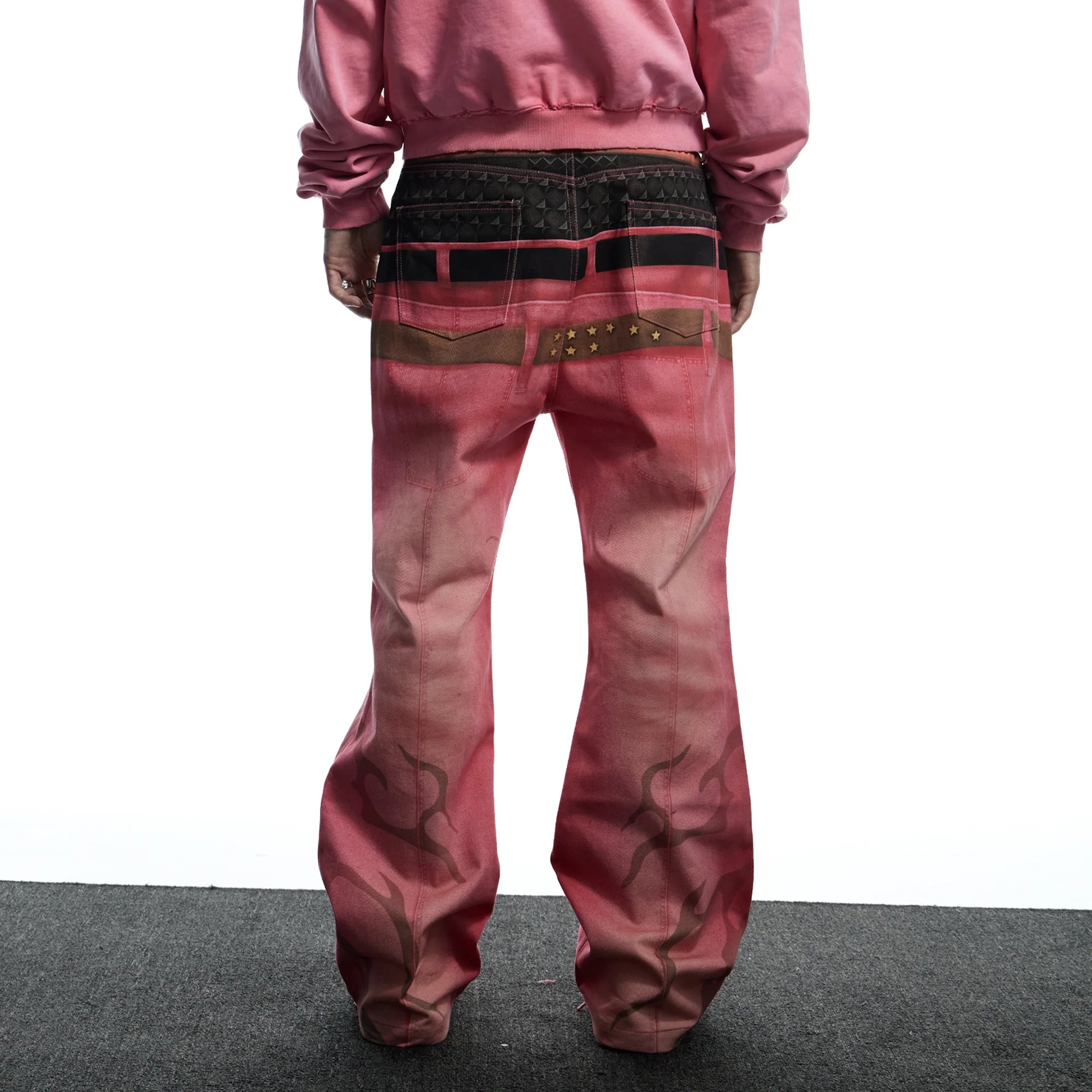 DND4DES Distressed Print Double-Waist Flare Jeans Pink