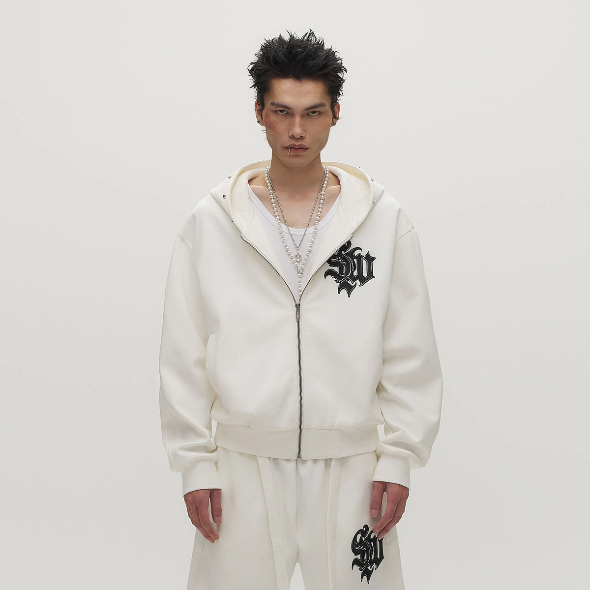 SAVAGEGROWTHWORLD Gothic Lettering Embroidered Zip-Up Hoodie