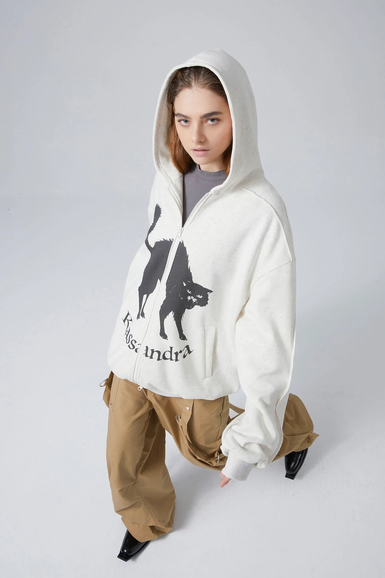 ERROR CODE ROBOT Black Cat Graphic Oversized Zip-Up Hoodie