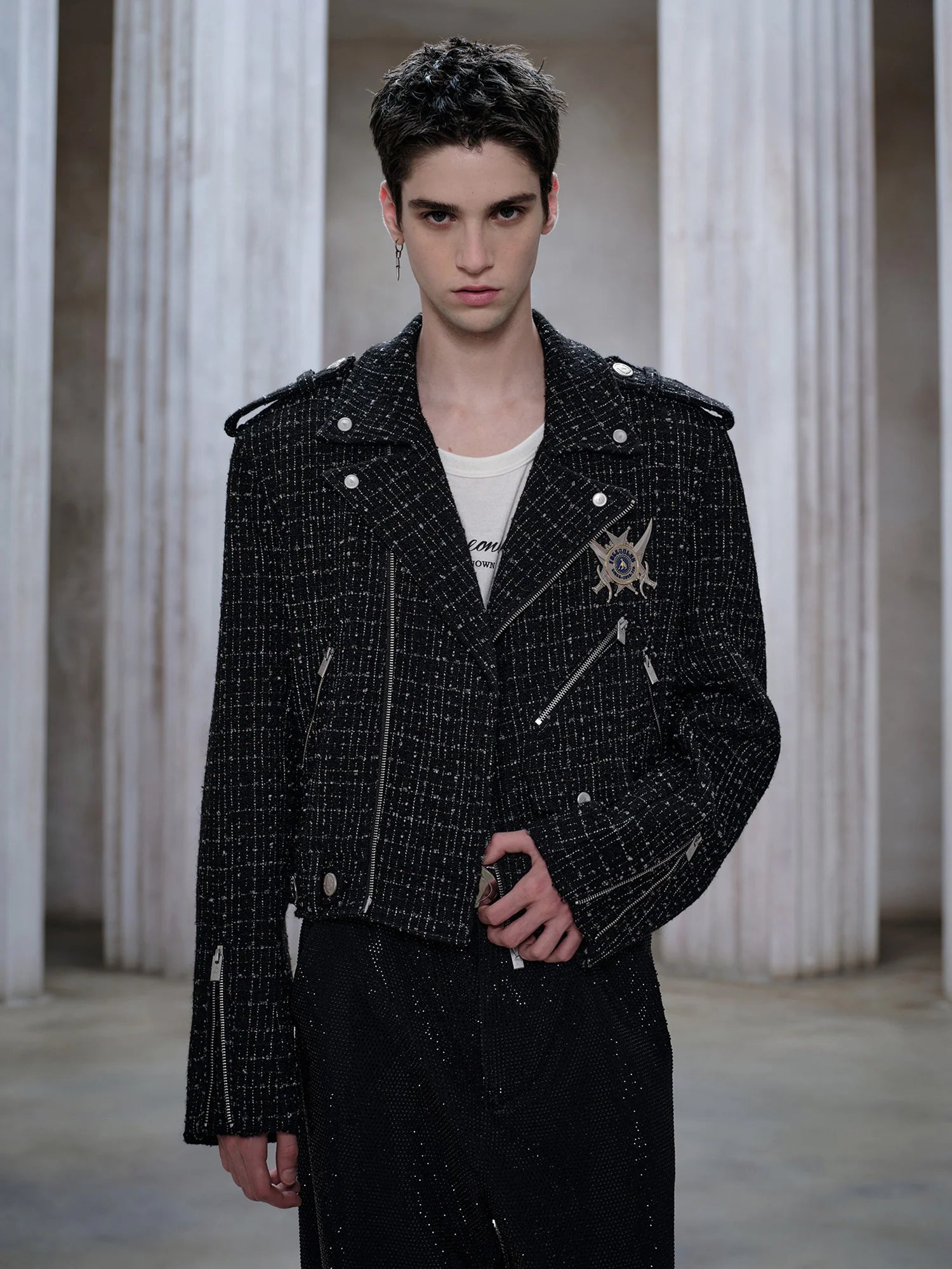 FACEONLAB Metal Badge Multi-Zip Tweed Biker Jacket