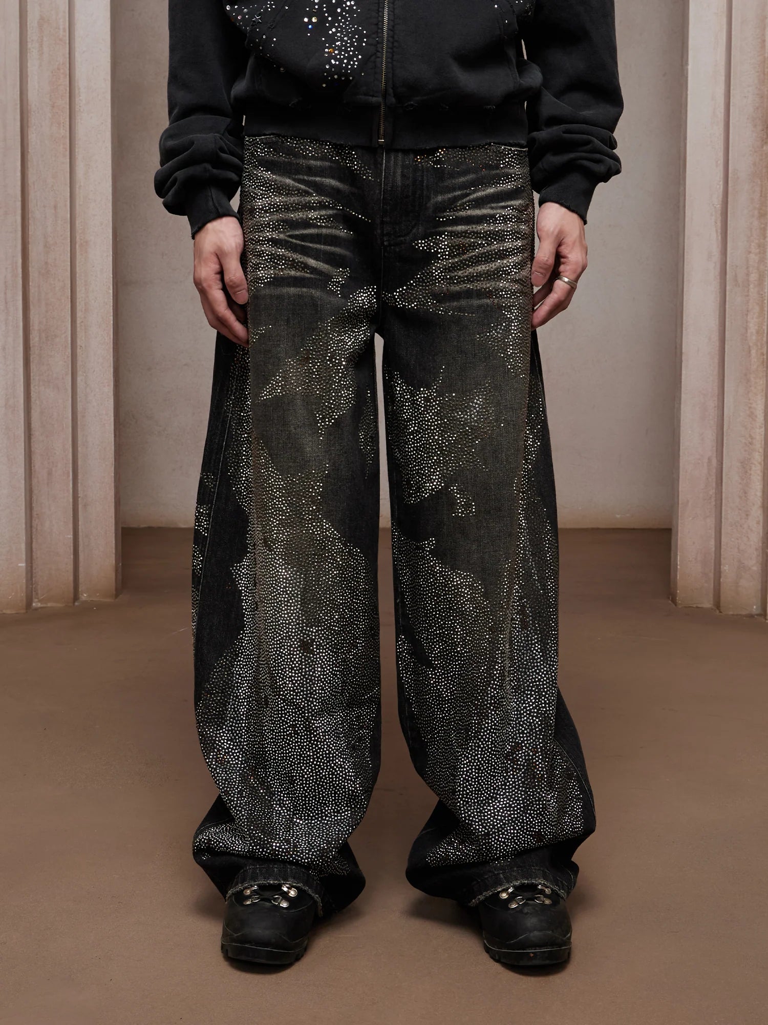 DND4DES Dirty-Washed Diamond Wide-Leg Jeans Black