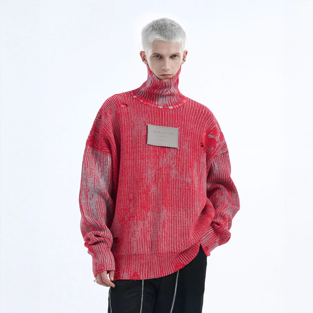 TIWILLTANG Distressed Foil High-Neck Sweater