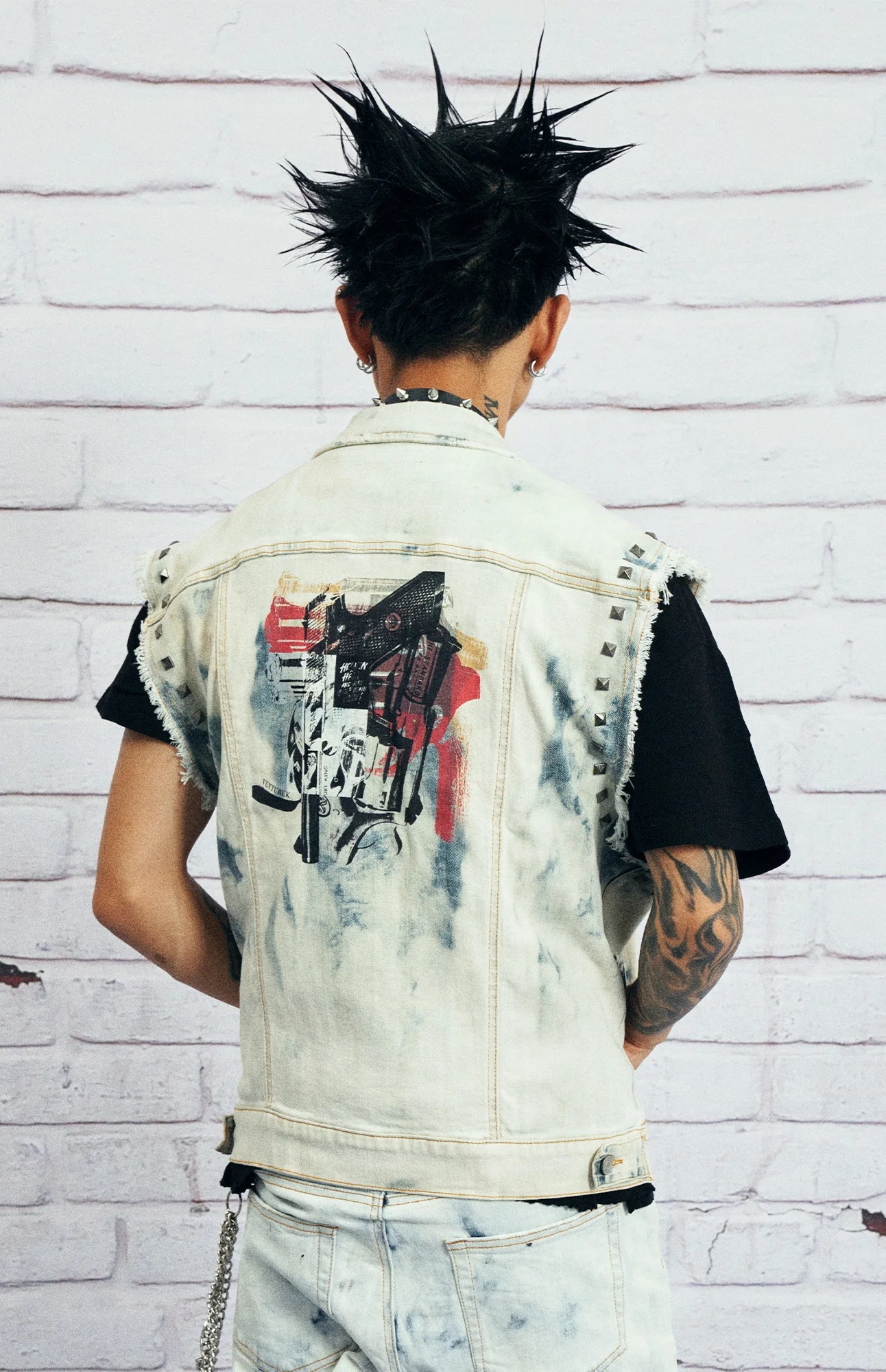 VENTUREK Distressed Washed Studded Patch Denim Vest