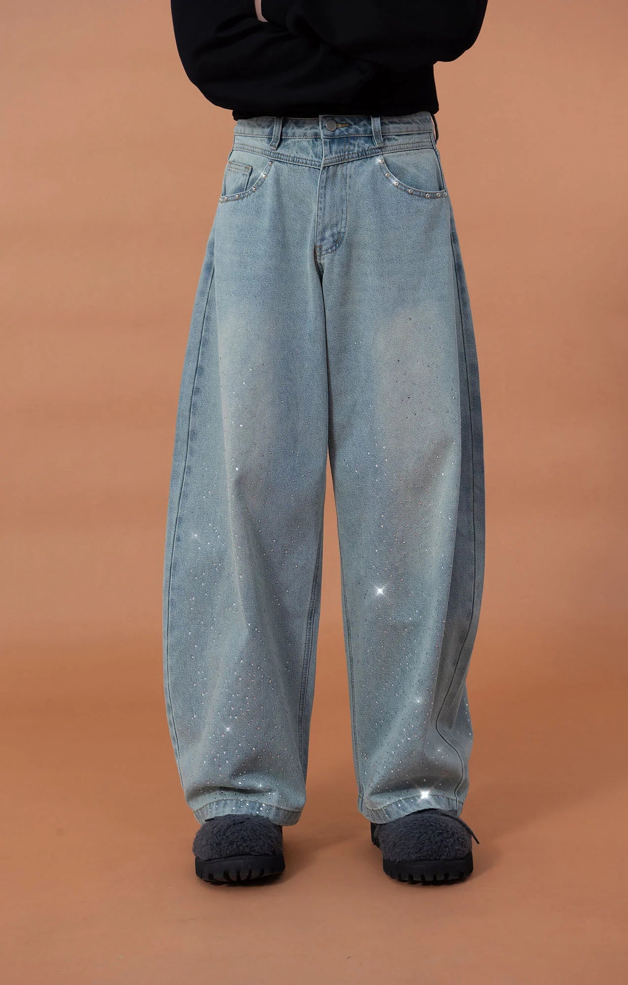 CLP Washed Diamond-Dusted Curved-Leg Jeans