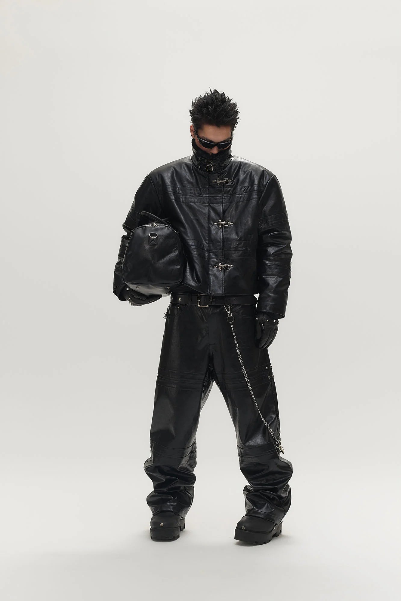 SAVAGEGROWTHWORLD Hook Buckle Faux Leather Puffer Jacket