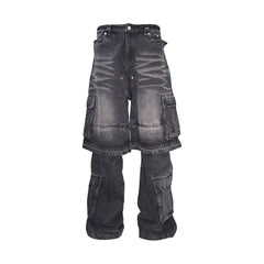 PCCVISION Washed Double-Layered Multi-Pockets Jeans