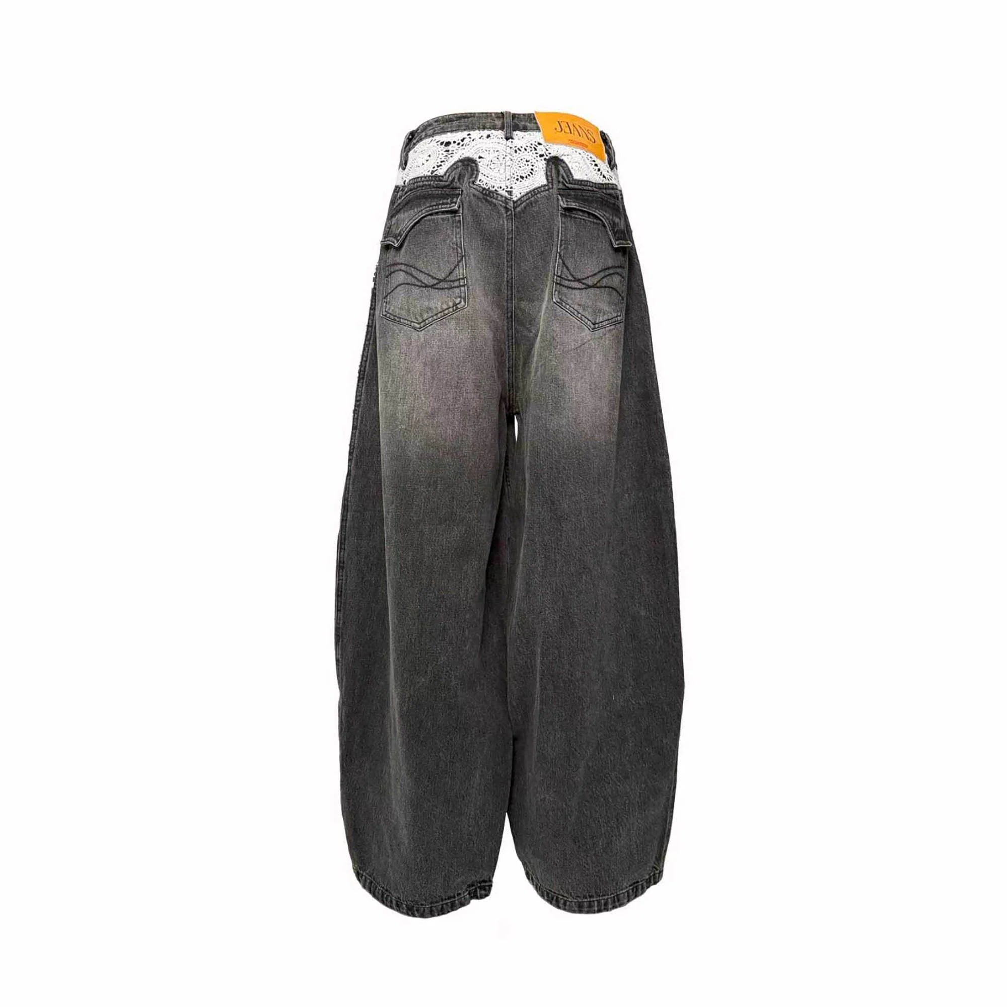 PCCVISION Lace Spliced Washed Wide-Leg Jeans