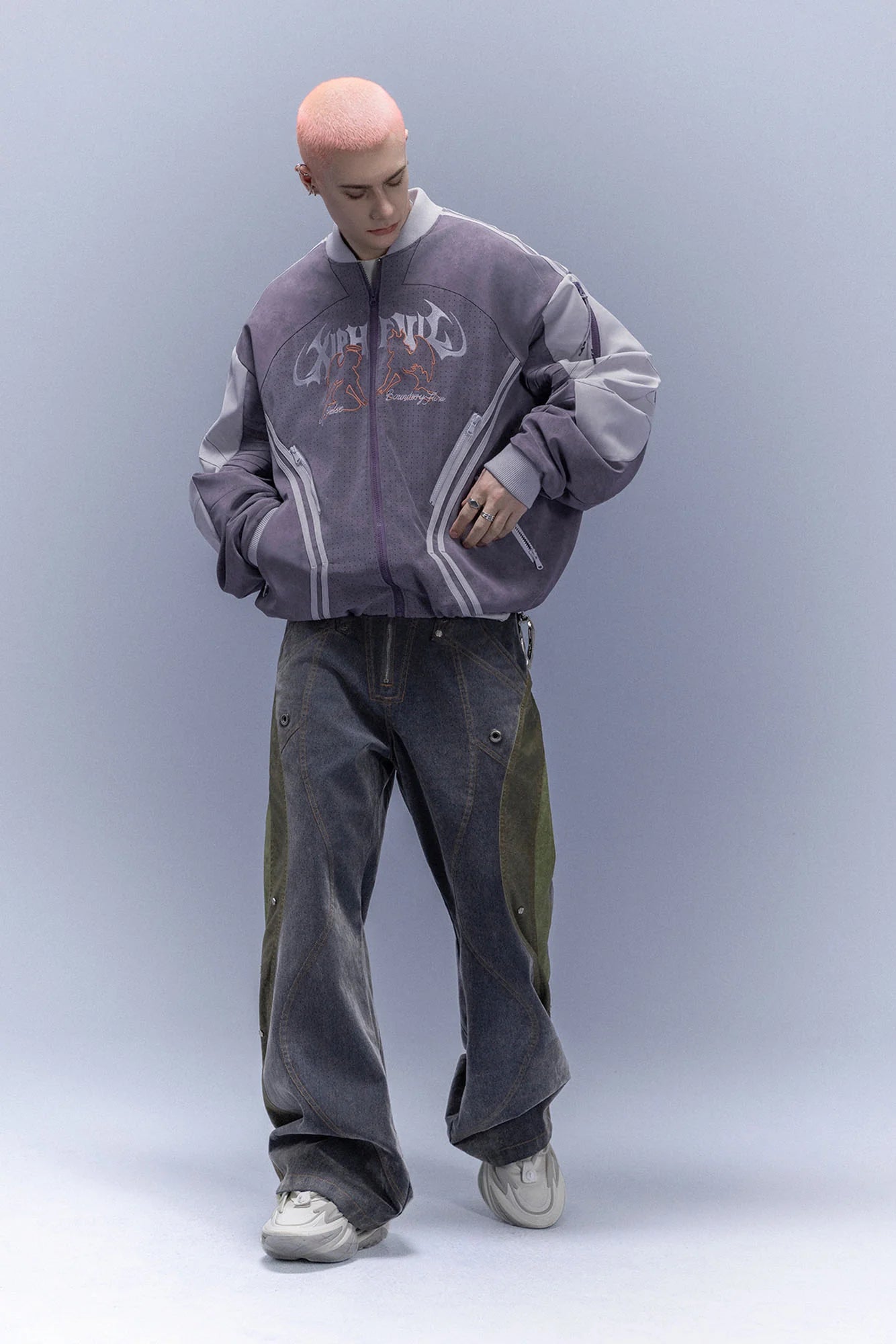 XIPHEVIL Faux Suede Embroidered LOGO Bomber Purple